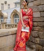 Red silk blend Saree With Unstitched Blouse Piece