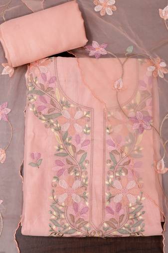 Peach embroidered unstitched dress material