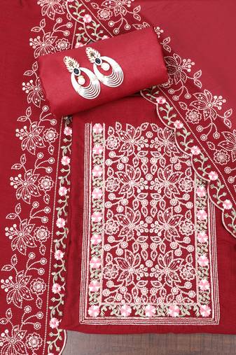 Maroon embroidered unstitched dress material