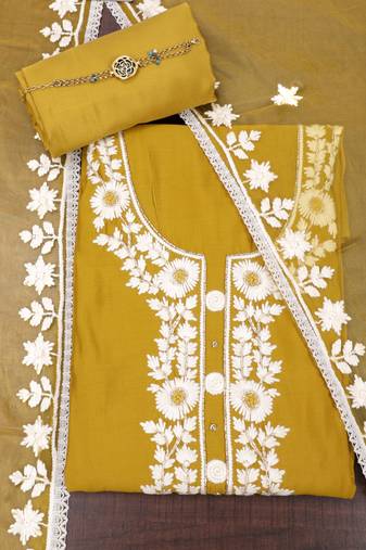 Mustard embroidered unstitched dress material