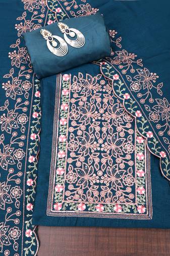Teal embroidered unstitched dress material