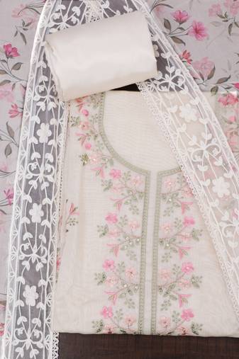 Beige embroidered unstitched dress material