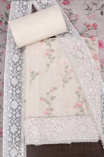 Beige embroidered unstitched dress material
