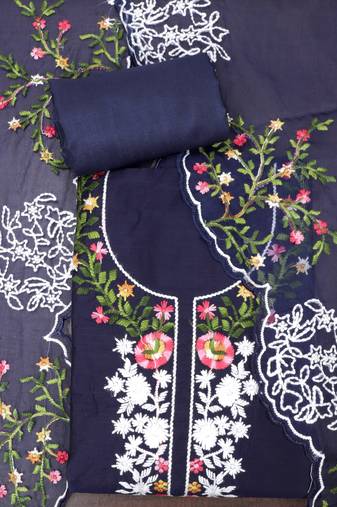 Blue embroidered unstitched dress material