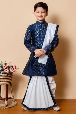 sequins work dupion silk kurta,cotton dhoti and dupatta set for boys 1