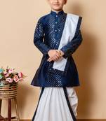 sequins work dupion silk kurta,cotton dhoti and dupatta set for boys