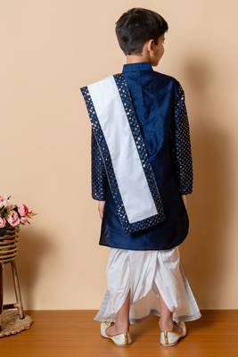 sequins work dupion silk kurta,cotton dhoti and dupatta set for boys 2