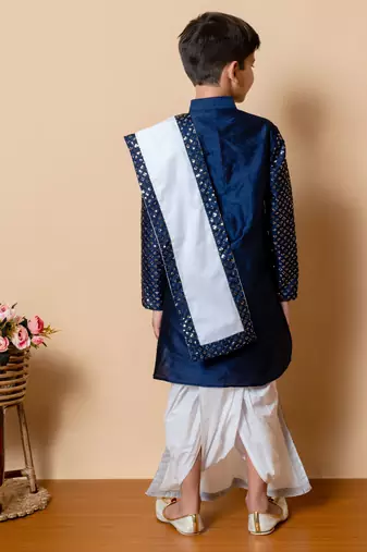 sequins work dupion silk kurta,cotton dhoti and dupatta set for boys