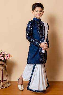 sequins work dupion silk kurta,cotton dhoti and dupatta set for boys 3