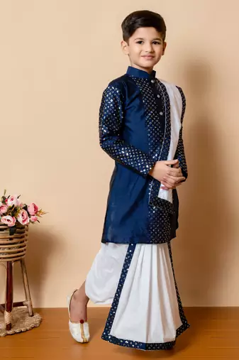 sequins work dupion silk kurta,cotton dhoti and dupatta set for boys