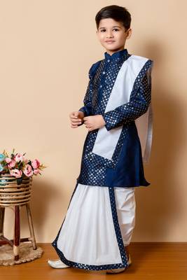 sequins work dupion silk kurta,cotton dhoti and dupatta set for boys 4