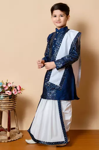 sequins work dupion silk kurta,cotton dhoti and dupatta set for boys