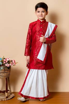 sequins work dupion silk kurta,cotton dhoti and dupatta set for boys 1