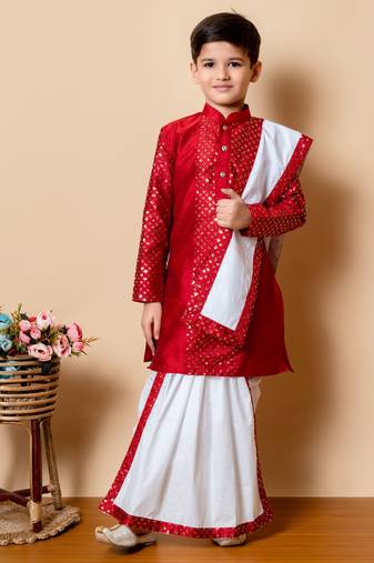 Nfc creation sequins work dupion silk kurta,cotton dhoti and dupatta set for boys