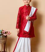 sequins work dupion silk kurta,cotton dhoti and dupatta set for boys