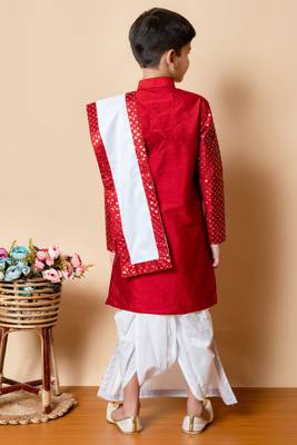 sequins work dupion silk kurta,cotton dhoti and dupatta set for boys 2