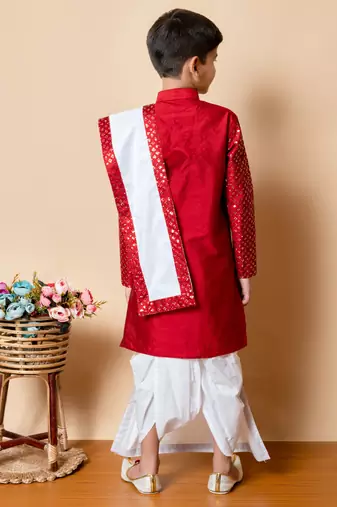 sequins work dupion silk kurta,cotton dhoti and dupatta set for boys