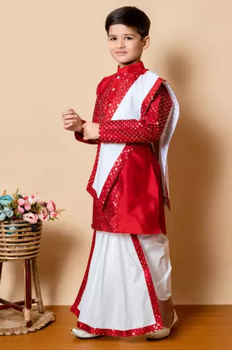 sequins work dupion silk kurta,cotton dhoti and dupatta set for boys