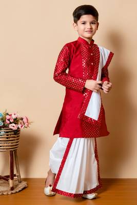 sequins work dupion silk kurta,cotton dhoti and dupatta set for boys 4