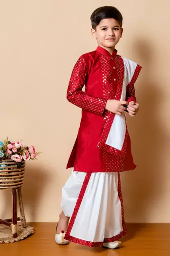 sequins work dupion silk kurta,cotton dhoti and dupatta set for boys
