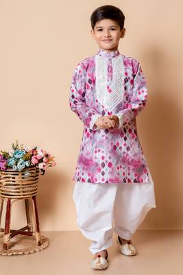embroidery and sequins work dupion silk kurta and cotton patiyala set for boys 1
