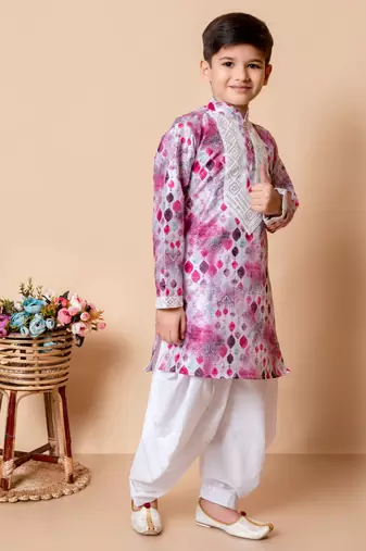 embroidery and sequins work dupion silk kurta and cotton patiyala set for boys