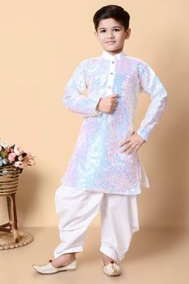 sequins work dupion silk kurta and cotton patiyala set for boys 1
