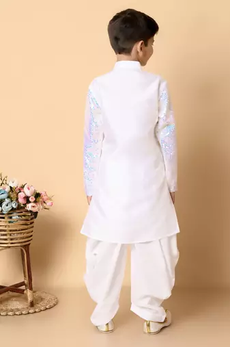 sequins work dupion silk kurta and cotton patiyala set for boys