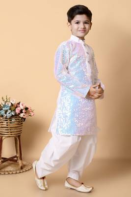 sequins work dupion silk kurta and cotton patiyala set for boys 3