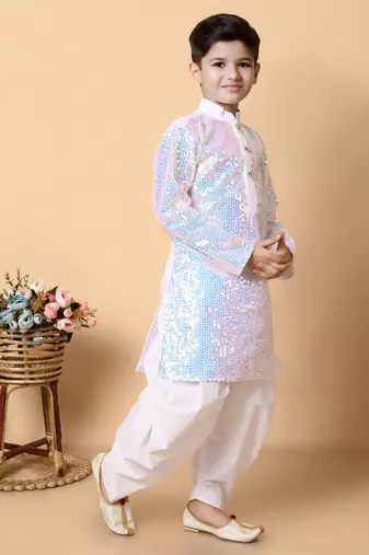 sequins work dupion silk kurta and cotton patiyala set for boys