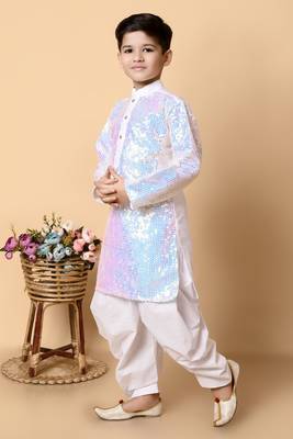 sequins work dupion silk kurta and cotton patiyala set for boys 4