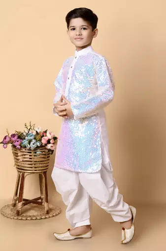 sequins work dupion silk kurta and cotton patiyala set for boys