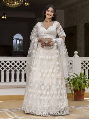 Trendmalls Women's White Beautiful Thred Sequence Work Lehenga Choli for women Designer, NewBridal, Bollywood Free Size 4