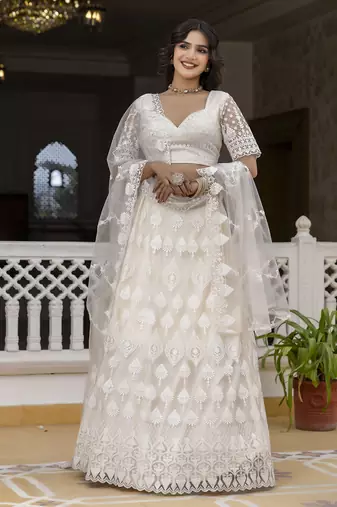 Trendmalls Women's White Beautiful Thred Sequence Work Lehenga Choli for women Designer, NewBridal, Bollywood Free Size