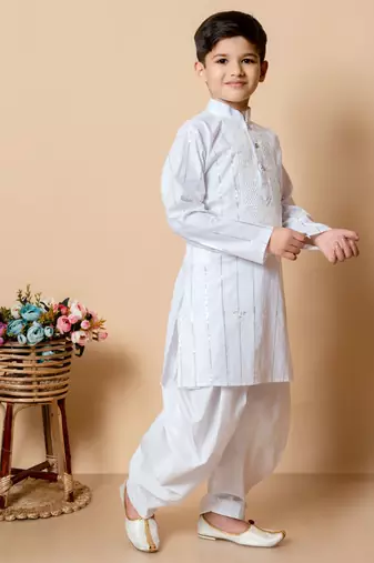 embroidery and sequins work cotton kurta and patiyala set for boys