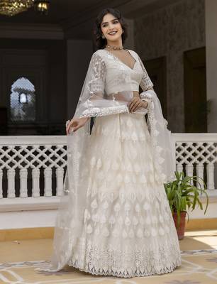 Trendmalls Women's White Beautiful Thred Sequence Work Lehenga Choli for women Designer, NewBridal, Bollywood Free Size 5