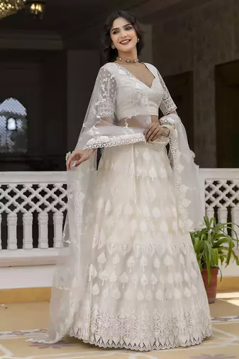 Trendmalls Women's White Beautiful Thred Sequence Work Lehenga Choli for women Designer, NewBridal, Bollywood Free Size