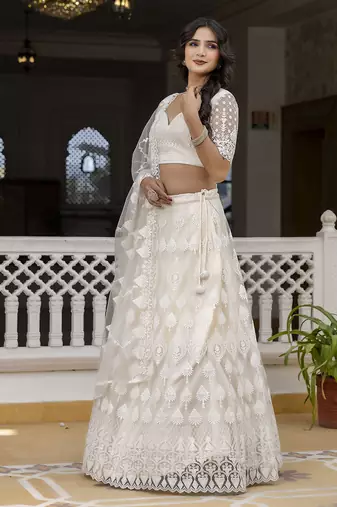 Trendmalls Women's White Beautiful Thred Sequence Work Lehenga Choli for women Designer, NewBridal, Bollywood Free Size