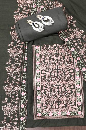 Green embroidered unstitched dress material
