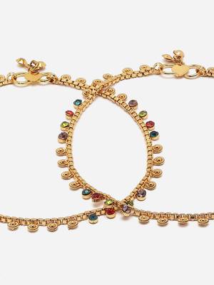 Sasha multicolor stone studded gold-plated anklet pair 5