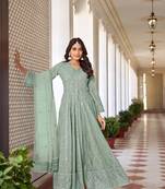 Mint green embroidered semi sttiched anarkali suit