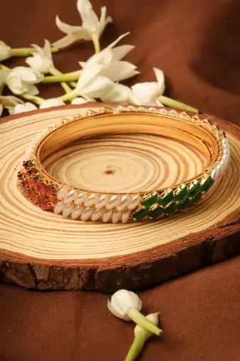 Set of 2 White, Green & Ruby Stone Studded Bangles
