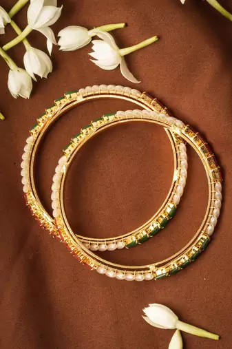 Set of 2 White, Green & Ruby Stone Studded Bangles
