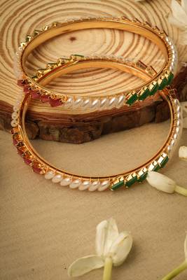 Set of 2 White, Green & Ruby Stone Studded Bangles 4