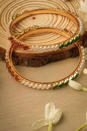 Set of 2 White, Green & Ruby Stone Studded Bangles