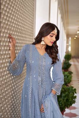 Grey embroidered semi sttiched anarkali suit 2
