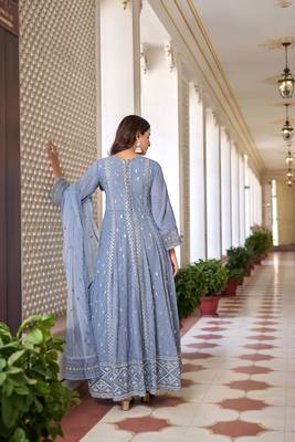 Grey embroidered semi sttiched anarkali suit 3