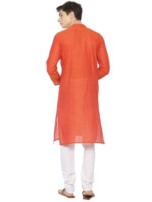 Paroksh men red striped long sleeves cotton straight kurta 2