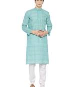 Paroksh men teal solid cotton dual button straight kurta