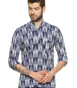 Paroksh men blue printed thread work indie prints khadi handloom kurta
